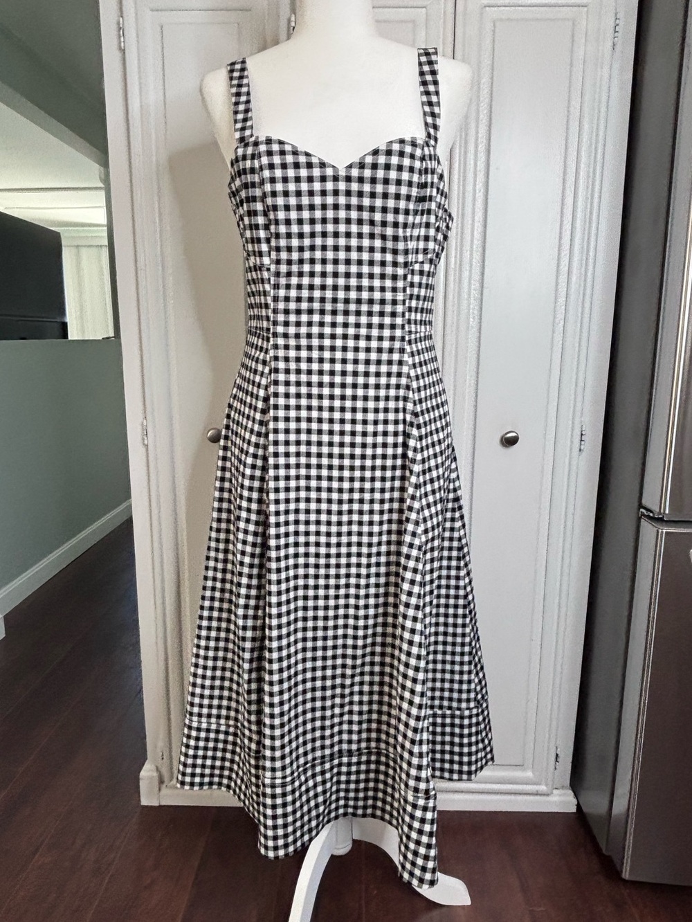 Avec Les Filles Gingham Check Cotton Midi Dress Black White Size 10